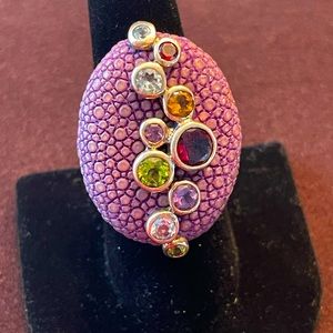 Chi By Falchi  purple and Silver multi Gemstone Ring size 8 chunky showpiece..